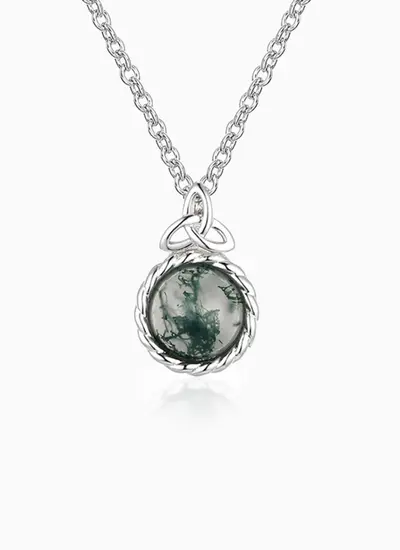 Tranquil Moss Agate Trinity Knot Pendant Inspired by Nature with Sterling Silver Chain 