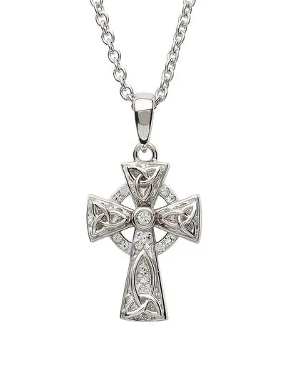 White background cut out shot of Sterling Silver Trinity Knot Celtic Cross with Swarovski Crystals