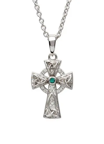 White background cutout shot of Sterling Silver Celtic Trinity Cross With Swarovski Crystals