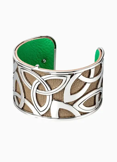 Trinity Knot Cuff Bangle With Leather Rhodium Plated 